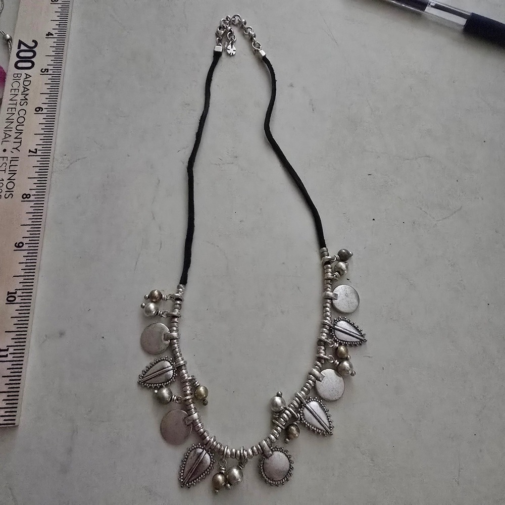 Lucky Brand Mixed Metal Boho Charm Statement Necklace Silver Gold Leaf Coin 18"